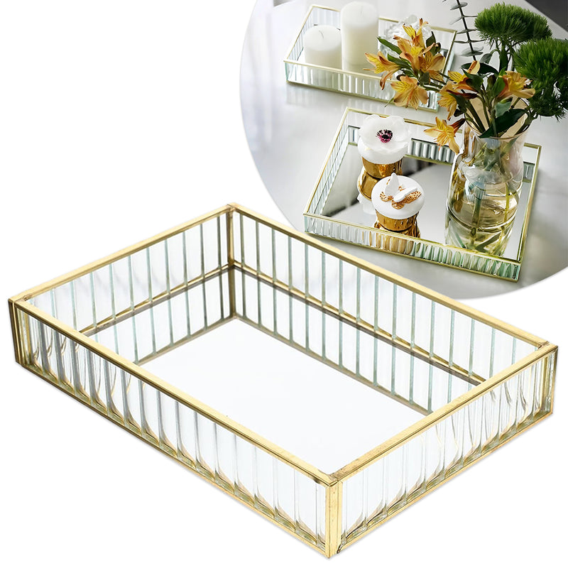 Bandeja Vidro Metal Dourado Porta Objetos Maquiagem 24x18cm