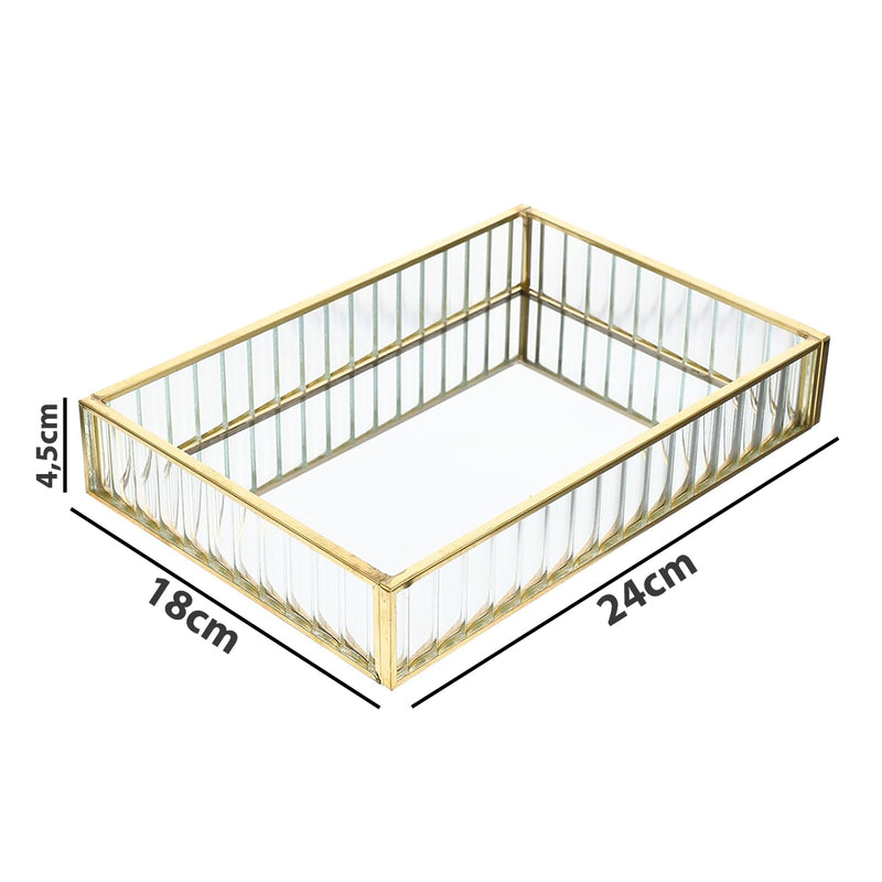 Bandeja Vidro Metal Dourado Porta Objetos Maquiagem 24x18cm