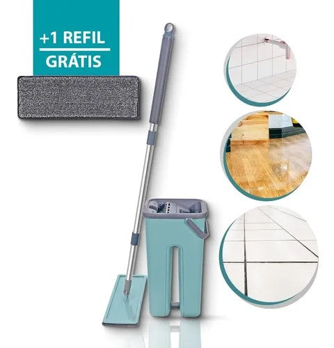 Rodo Mop Flat E Balde Para Limpeza De Piso